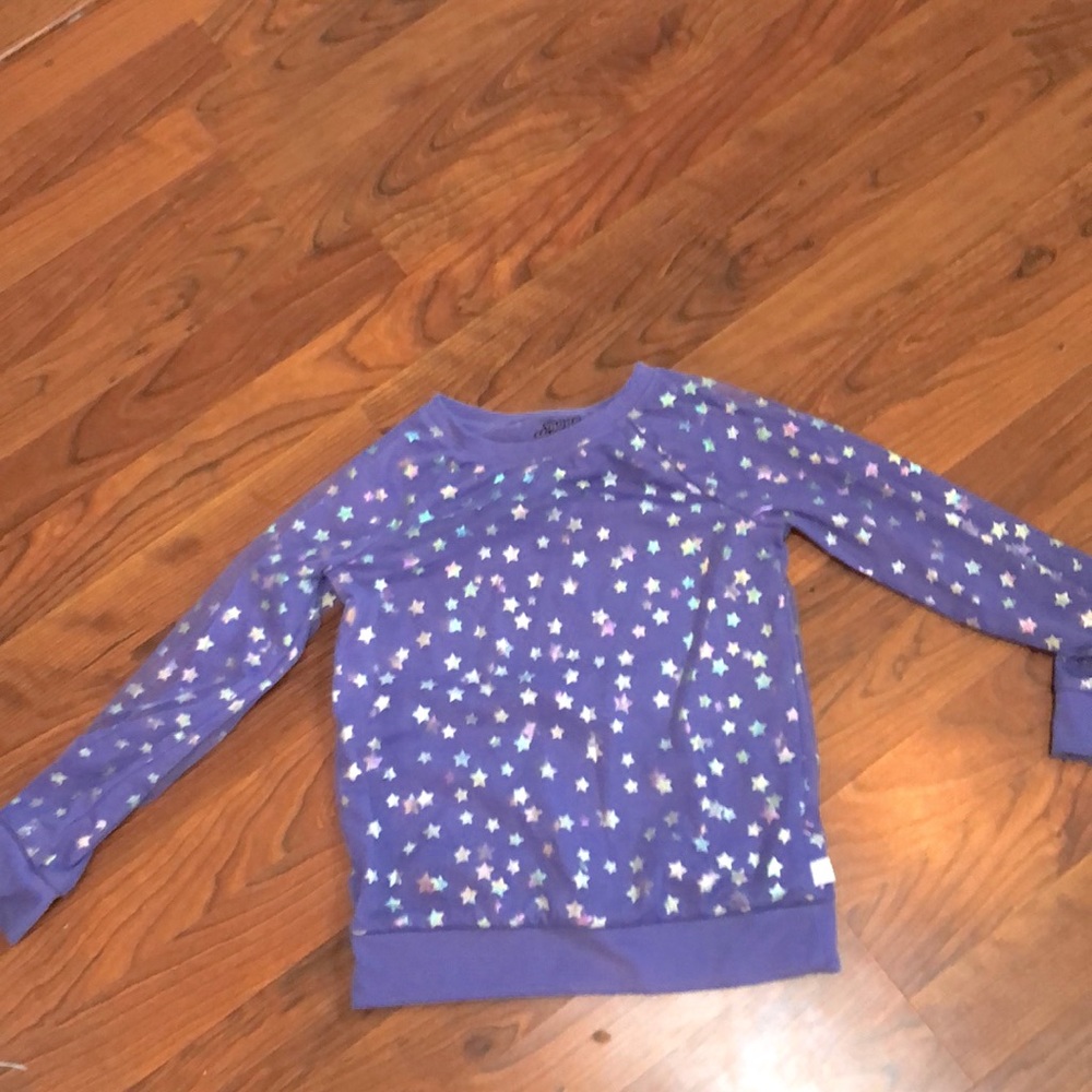 Girls 6-6x pull over purple thin sweat shirt. Netting with iridescent stars.